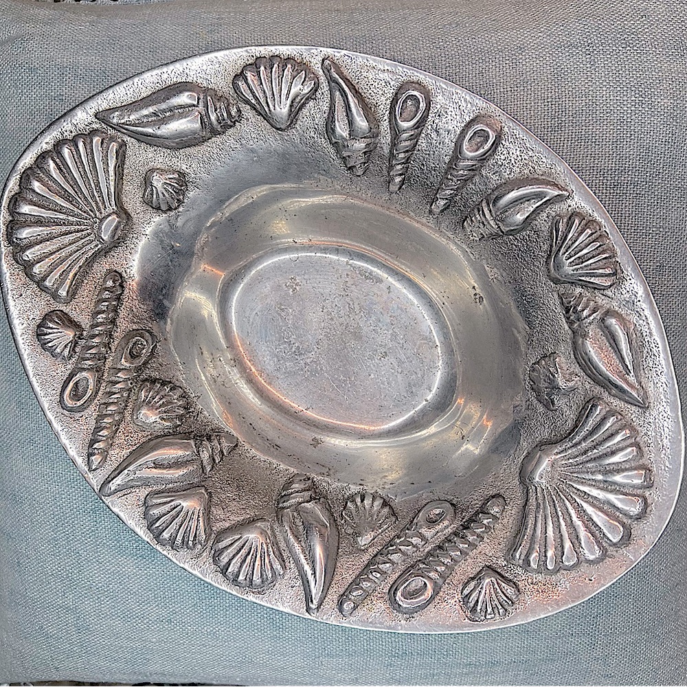 Vintage Seashell Oval Pewter Bowl